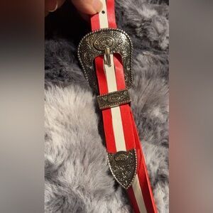 Red and White Belt with Silver Buckle